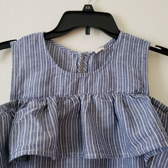 Crew Factory Cold Shoulder Ruffle Chambray Striped Top sz 2 - Picture 2 of 9